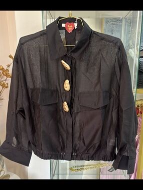 Pastels Clothing Sheer Black Button-Front Blouse with Gold Accent Buttons